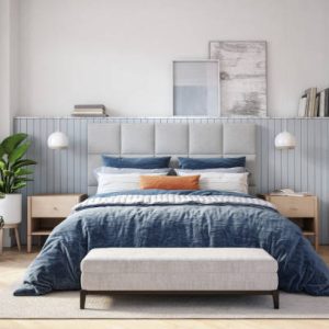Bedroom interior with wooden furniture, 3d render