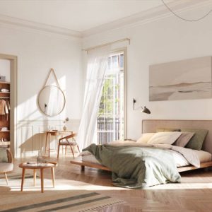 A tranquil, well-lit bedroom featuring a modern aesthetic with a comfortable bed adorned with soft linens. The room is complemented by a stylish wooden wardrobe, a cozy armchair, and a small writing desk, all bathed in natural sunlight filtering through sheer curtains.