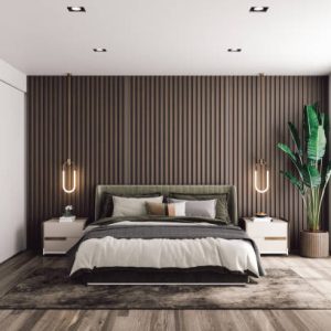 Interior of a modern luxury bedroom with garden view.