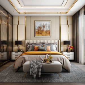 Digitally generated modern style bedroom interior design. 

The scene was rendered with photorealistic shaders and lighting in Autodesk® 3ds Max 2020 with V-Ray 5 with some post-production added.