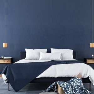 Modern bedroom interior with a stylish combination of trendy blue and light wood texture / 3D illustration, 3d render