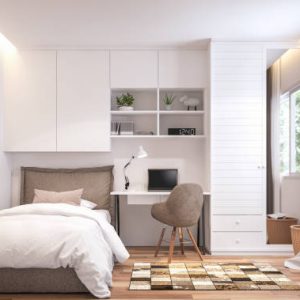 Teenage bedroom 3d render,There are wooden floor and  white wall.Furnished with brown bed and white cabinet.There are white frame window overlooks to nature view.