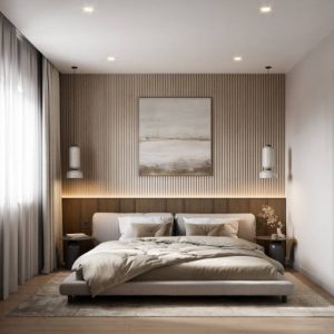 Digitally generated image of a bedroom interiors with minimal furniture. 3D rendering of bedroom with double bed.