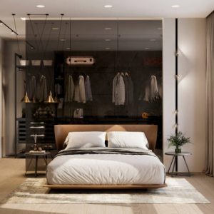 Computer generated image of a luxurious and elegant bedroom interiors. 3D rendering of bedroom with minimal furniture.